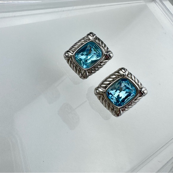Vintage 90s DSMK Faceted Aqua CZ Silver Plated Stud Earrings - Picture 10 of 11